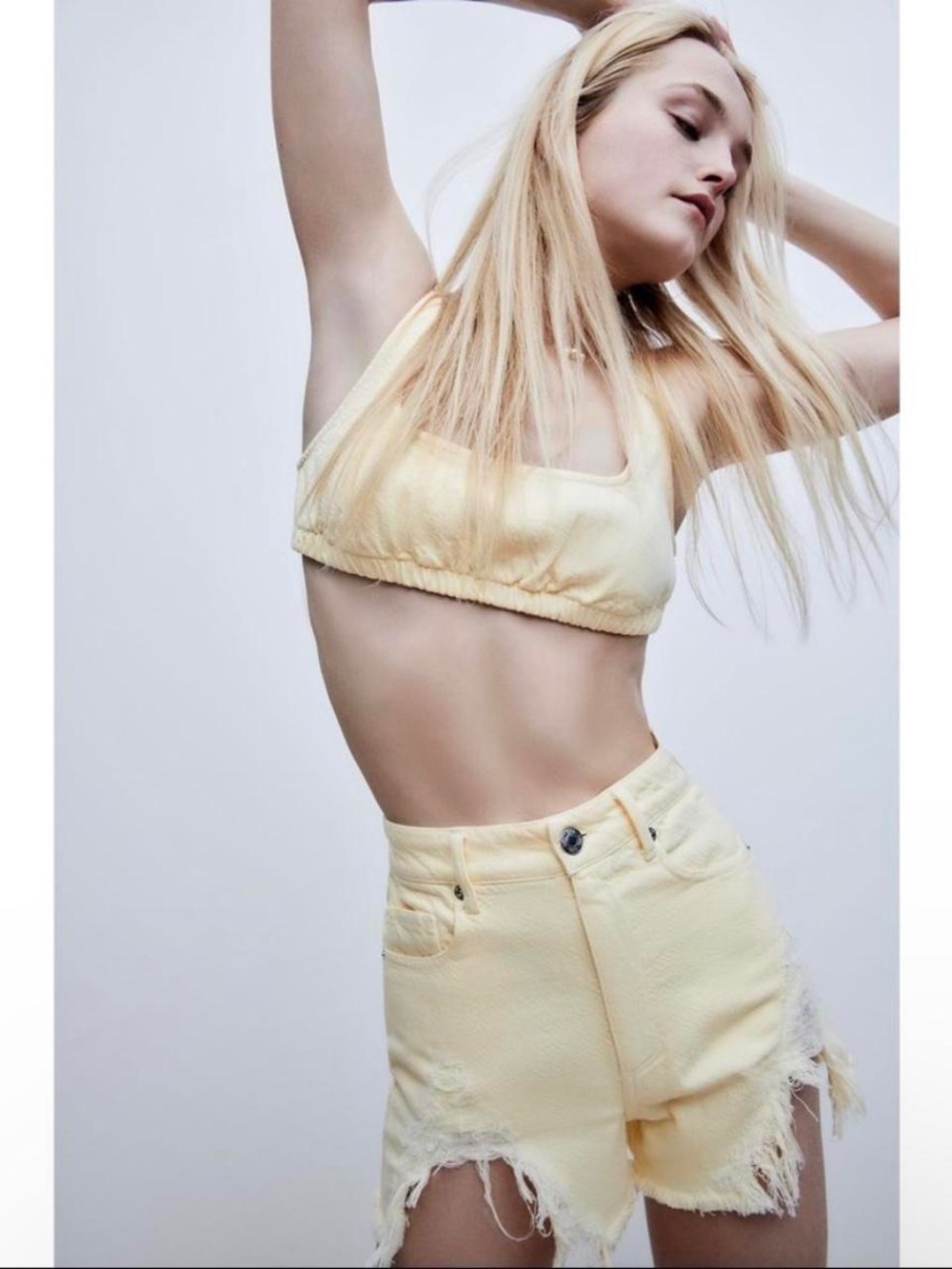 Zara High Waist Frayed Denim Shorts in Pale Yellow